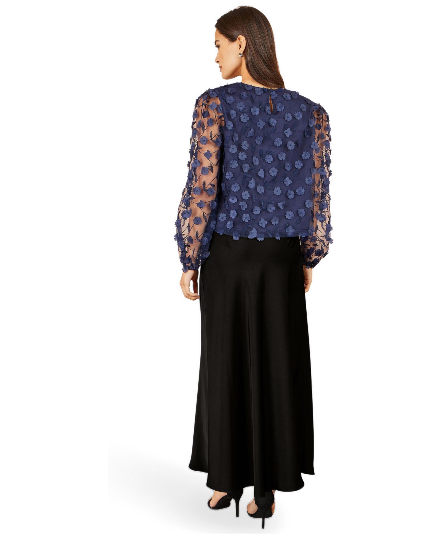 Женский топ Yumi Sheer Sleeve Applique Flower, цвет: Тёмно-синий — фото 3