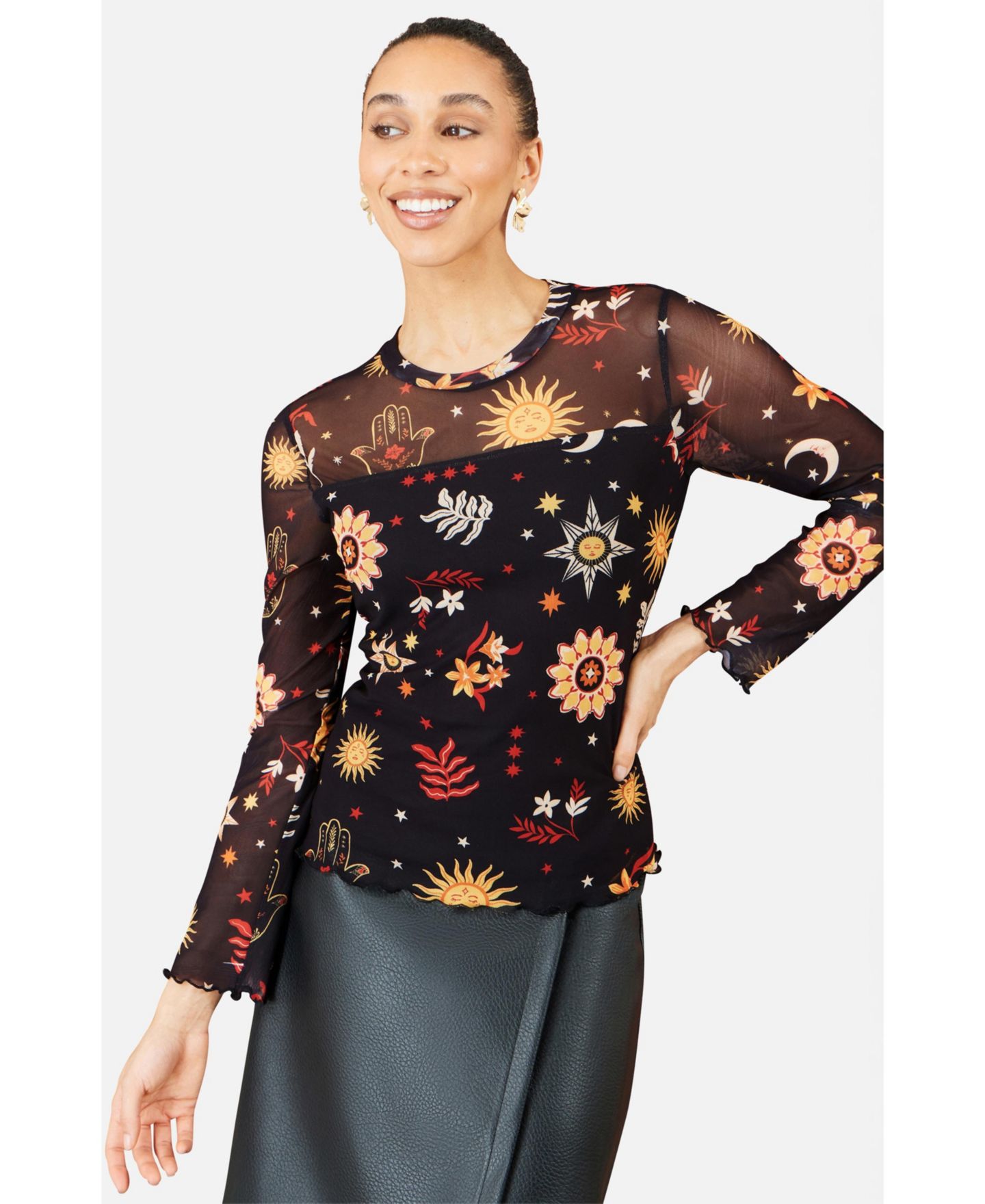 Женский топ Yumi Cosmic Mesh Long-Sleeve Sheer, цвет: Чёрный — фото 4