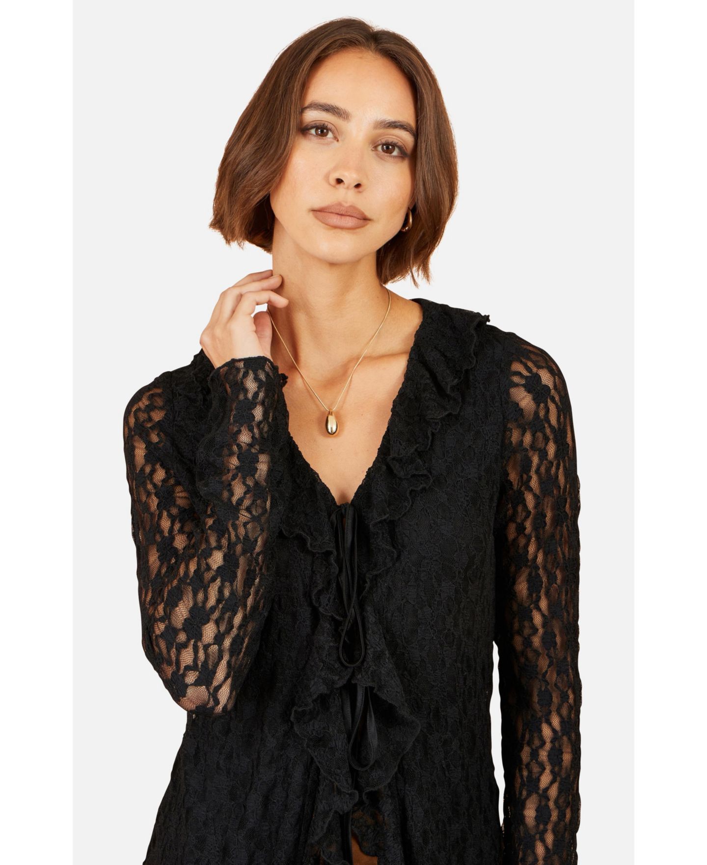 Женский топ Yumi Ruffled Tie Neck Long-Sleeve, цвет: Чёрный — фото 5