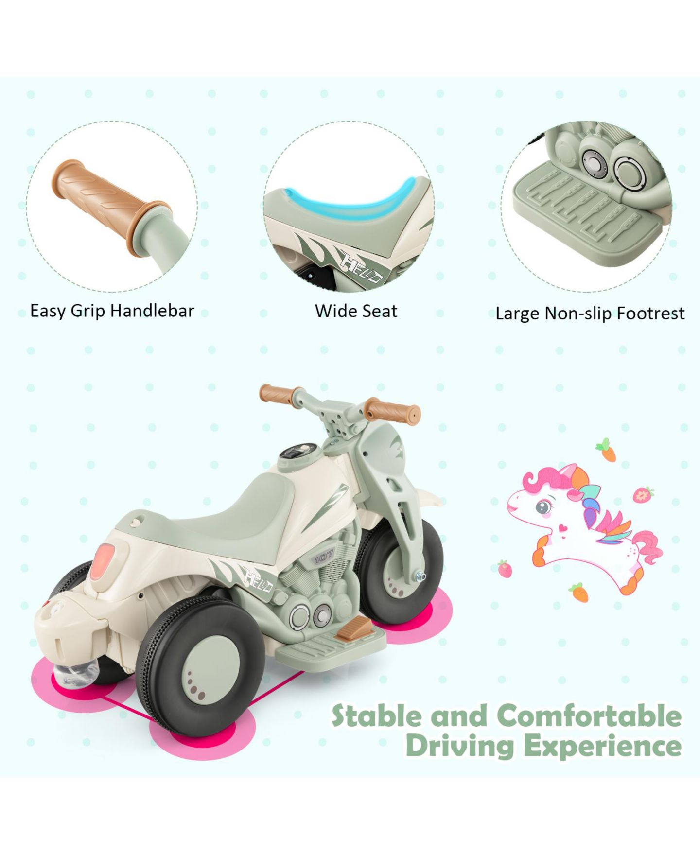 Детская игрушка Costway 6V Kids Bubble Car Electric Ride on Motorcycle with Music Button and LED Headlight, цвет: Бежевый / Хаки — фото 8