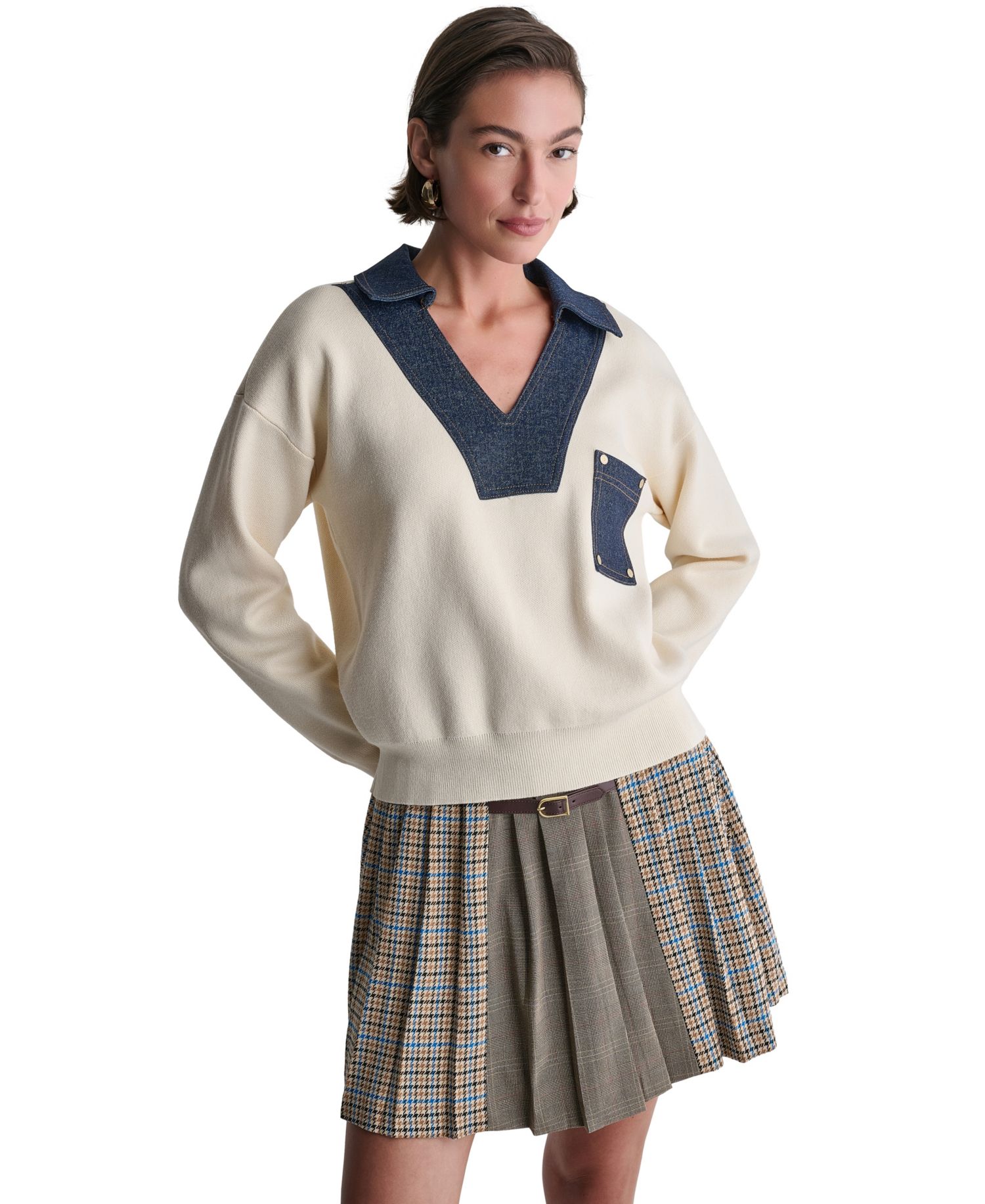 Women's Denim Trim Oversized Collared V-Neck Sweater