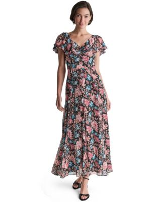 Women's Floral-Print Short-Sleeve Empire Waist Maxi Dress