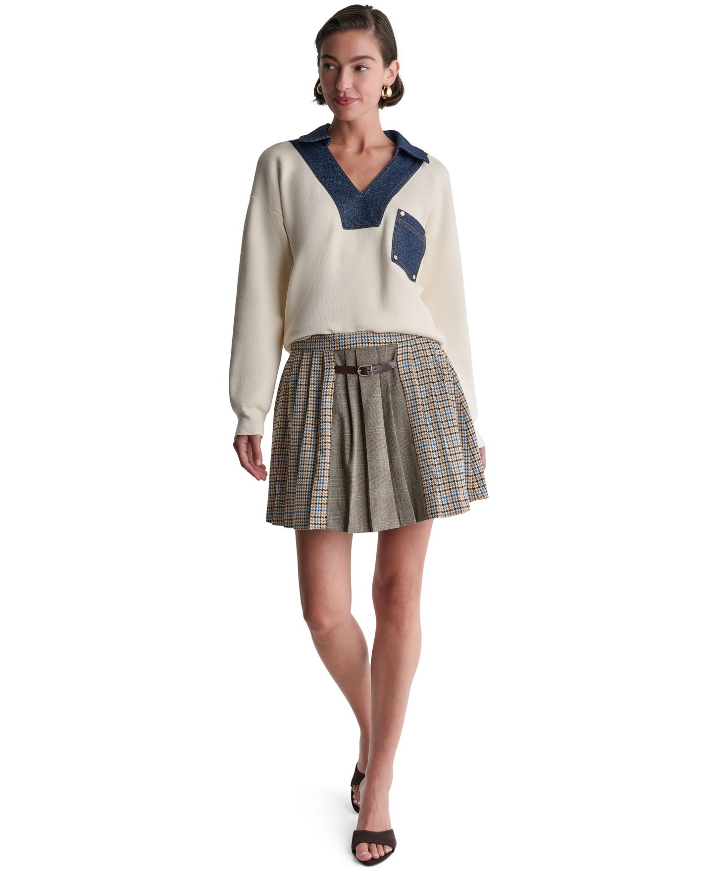 Женская юбка BCBG Plaid Pleated A-Line Mini, цвет: Верблюжий — фото 2