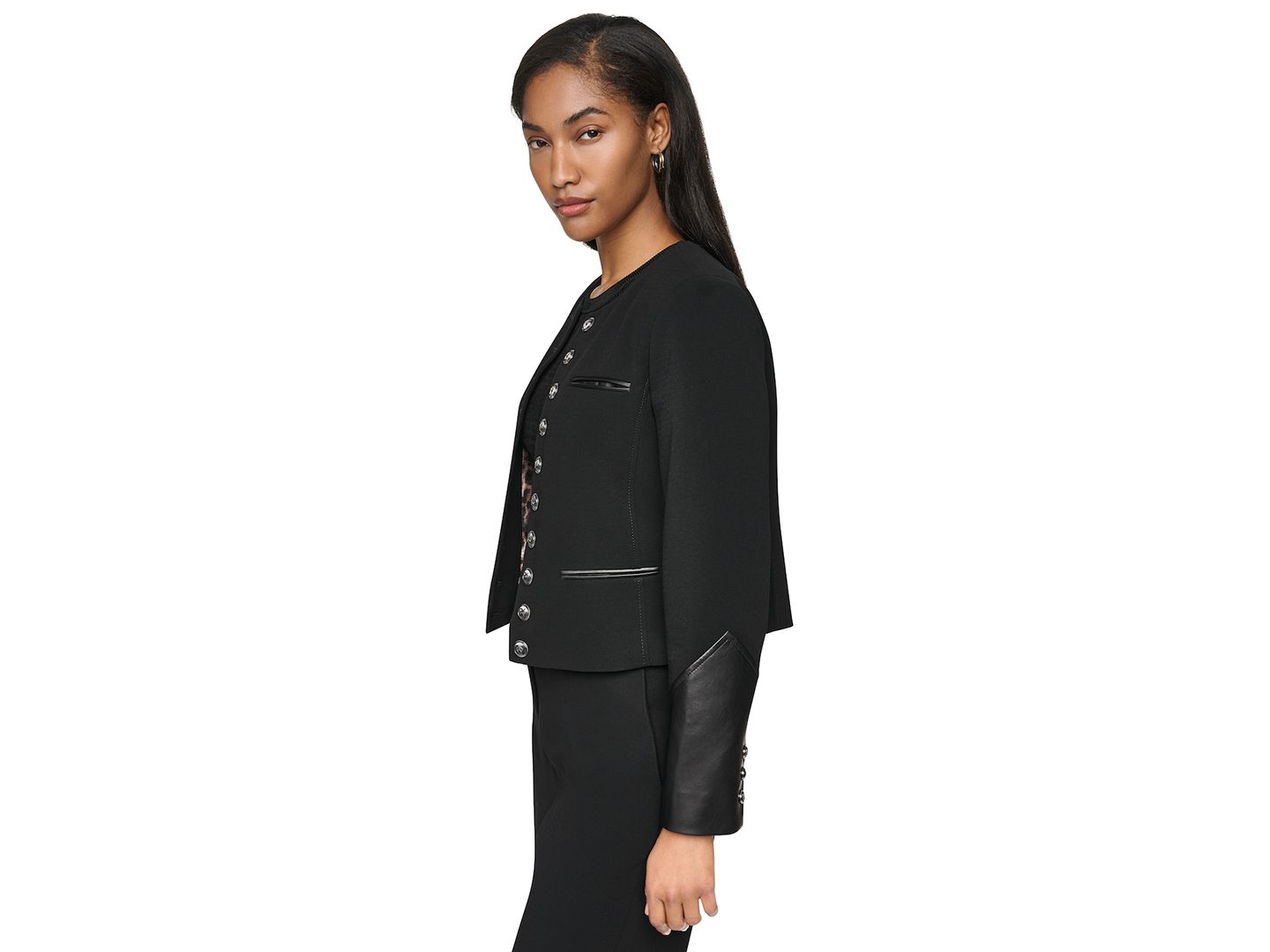 Женская куртка DKNY Cropped Collarless Long-Sleeve Jacket, цвет: Чёрный — фото 4