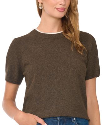 Women's Contrast-Neck Short-Sleeve Sweater