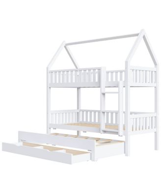  House Bunk Bed With Fence, Trundle and Drawers