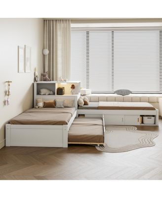 L-Shaped Platform Bed with Storage, Desk, Trundle, LED