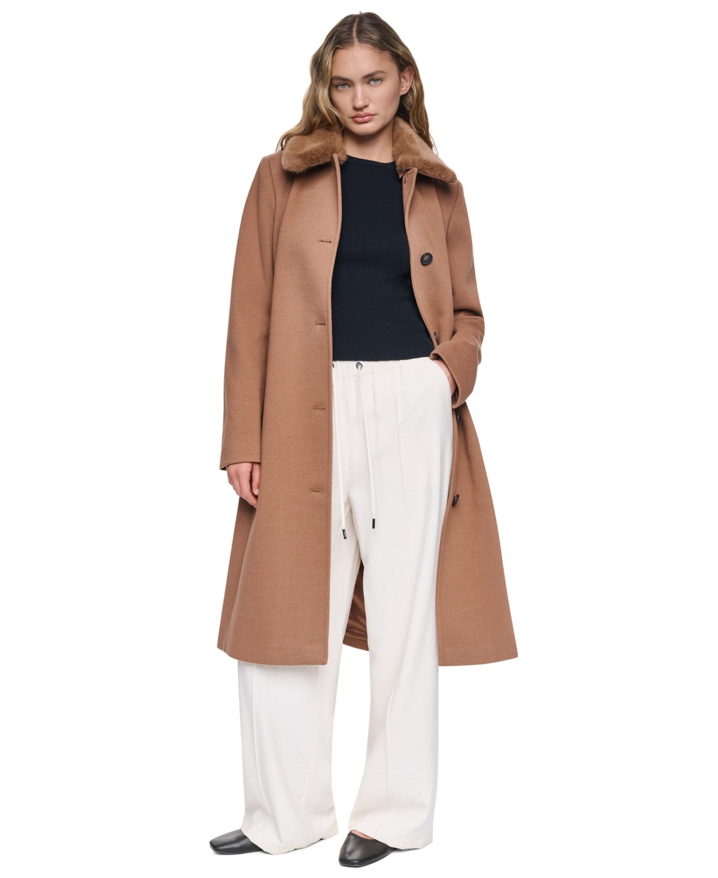 Женское пальто DKNY Faux-Fur Collar Belted Single-Breasted, цвет: Берёзовый — фото 7