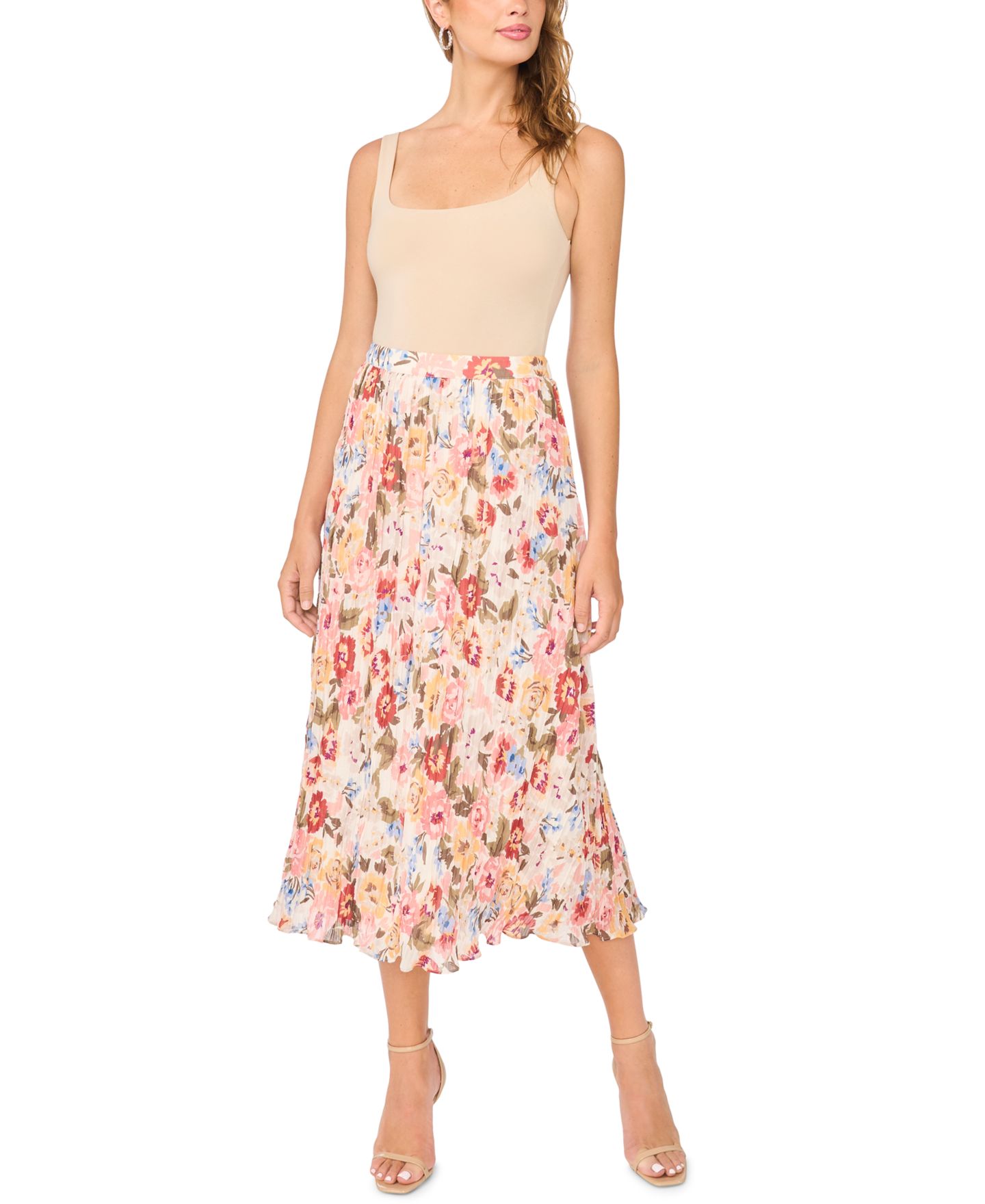 Женская юбка Vince Camuto Circular Floral Pleated A-Line Midi, цвет: Песочный — фото 2