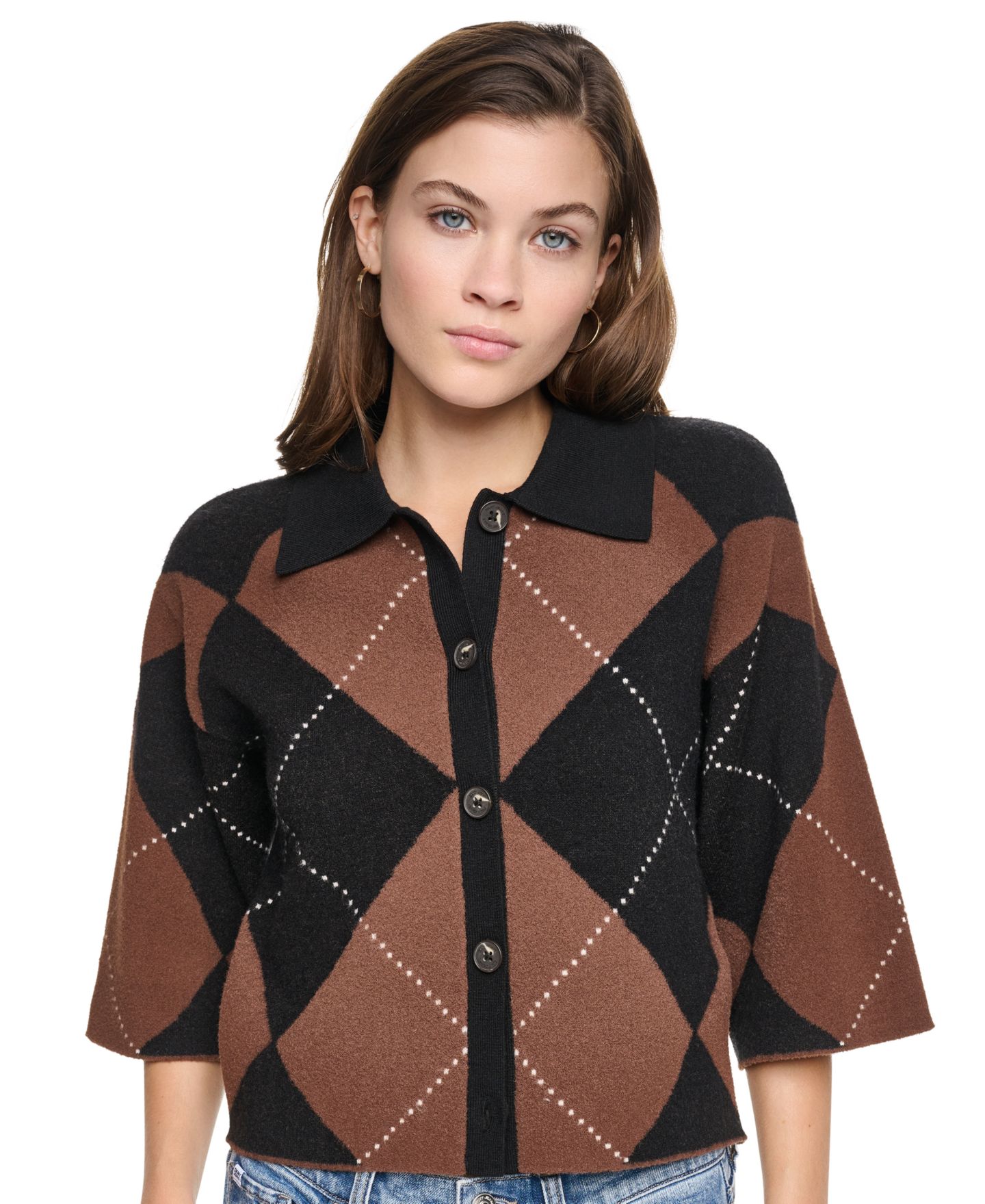 Женский кардиган DKNY Jeans Petite Argyle Collared, цвет: Чёрный / Каштановый — фото 4