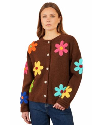 Women's Floral-Print Flower Applique Long-Sleeve Cardigan