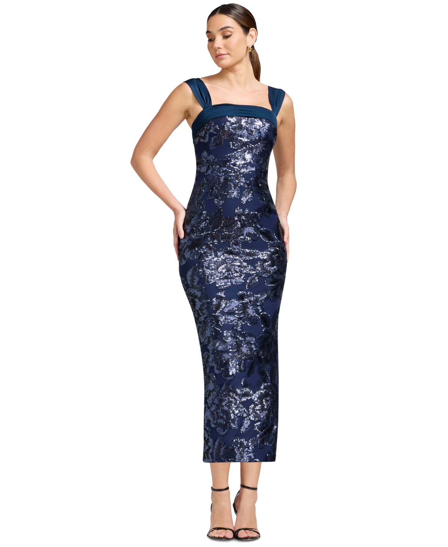 Женское платье Dress the Population Sequin Square Neck Bodycon Tea Length, цвет: Тёмно-синий разноцветный — фото 3