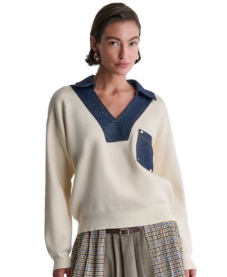Women's Long-Sleeve Collared V-Neck Denim Trim Sweater
