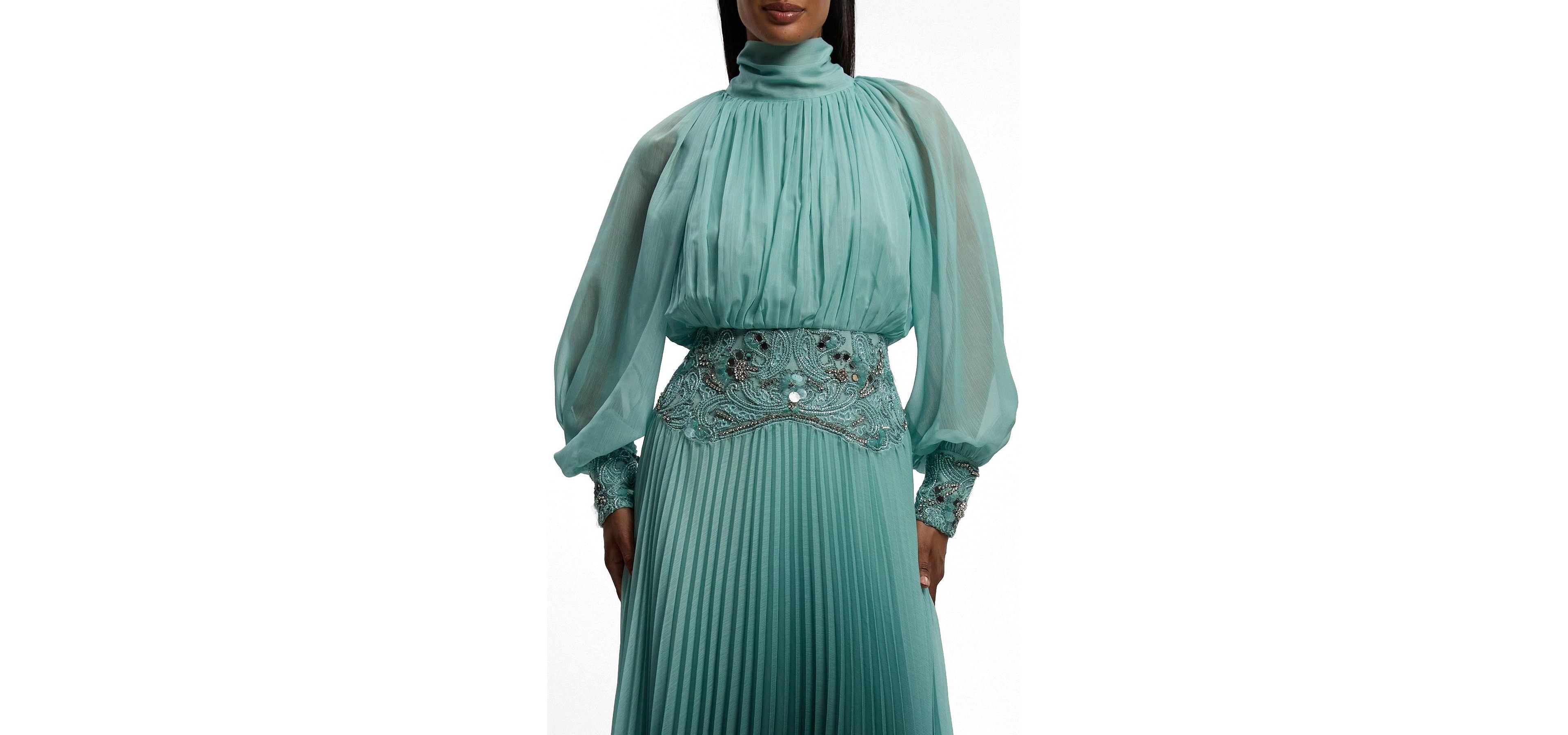 Karen Millen Women's Long Sleeve High Neck Pleated Maxi Dress
