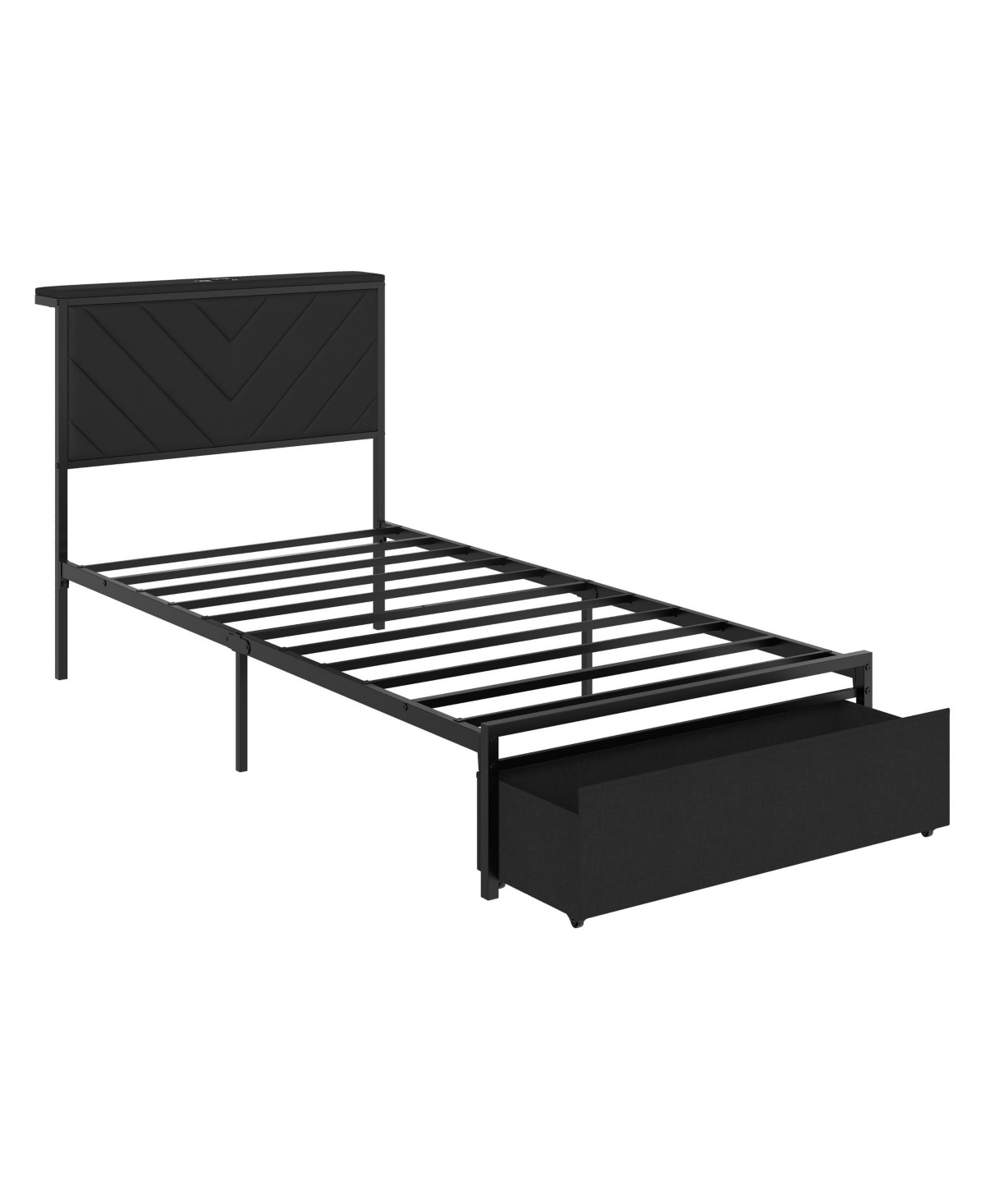 homfan Upholstered Metal Platform Bed Frame with Charging Station Headboard & 2 Rolling Under Storage Drawers
