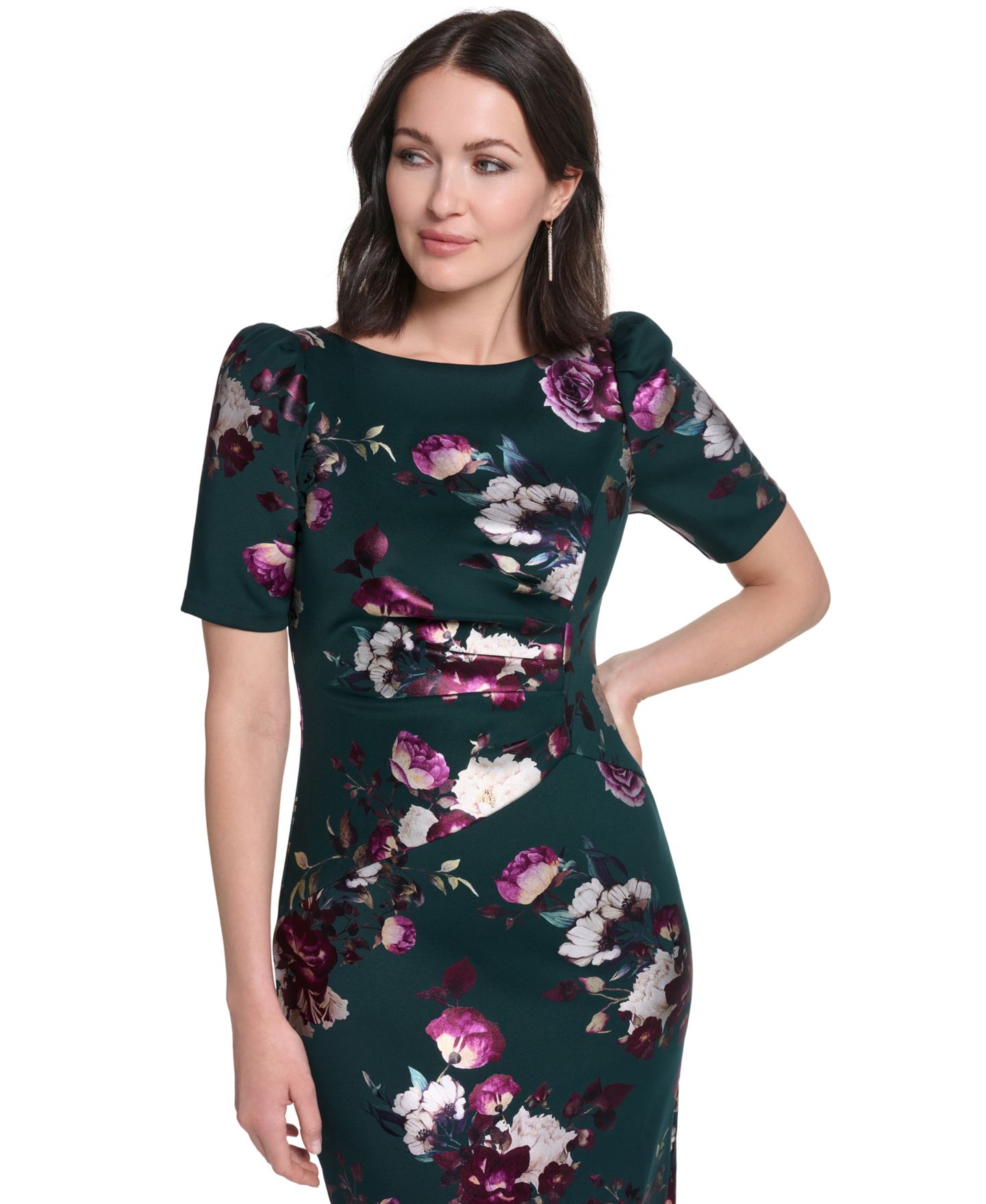 Женское платье Jessica Howard Petite Floral Boat Neck Elbow-Sleeve Gown, цвет: Тёмно-зелёный — фото 3