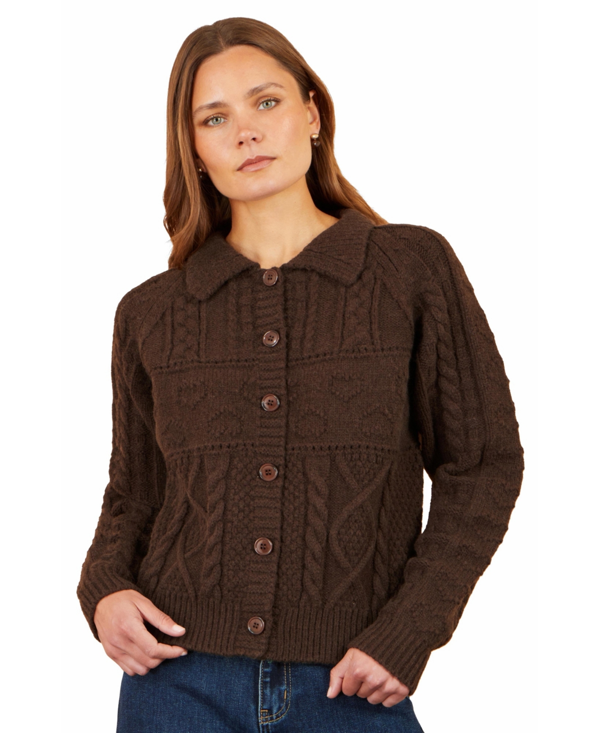 Yumi Women's Collared Cable-Knit Boxy Cardigan