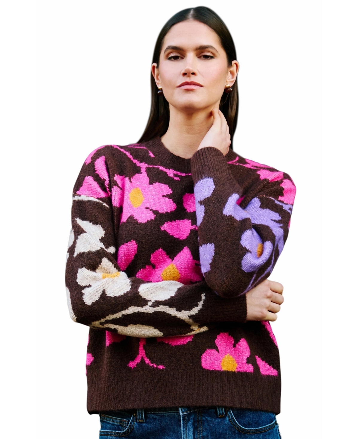 Yumi Women's Floral-Intarsia Relaxed-Fit Sweater