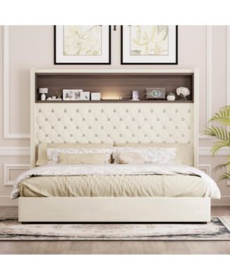 Queen Size Velvet Tufted Bed Frame with USB Port, Night Light, High Headboard, Wing-back, Storage Shelf, No Box Spring Needed