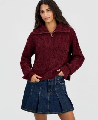 Juniors' Cable-Knit Quarter-Zip Long-Sleeve Sweater