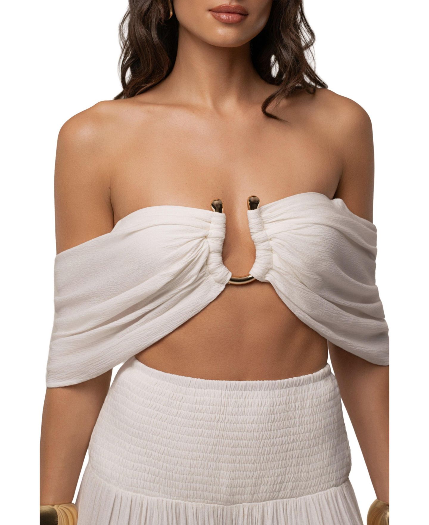 Женский комплект JLUXLABEL Hidden Gems Tier Off-the-Shoulder Crop High-Waisted Top and Pants, 2-Piece Set, цвет: Слоновая кость — фото 6