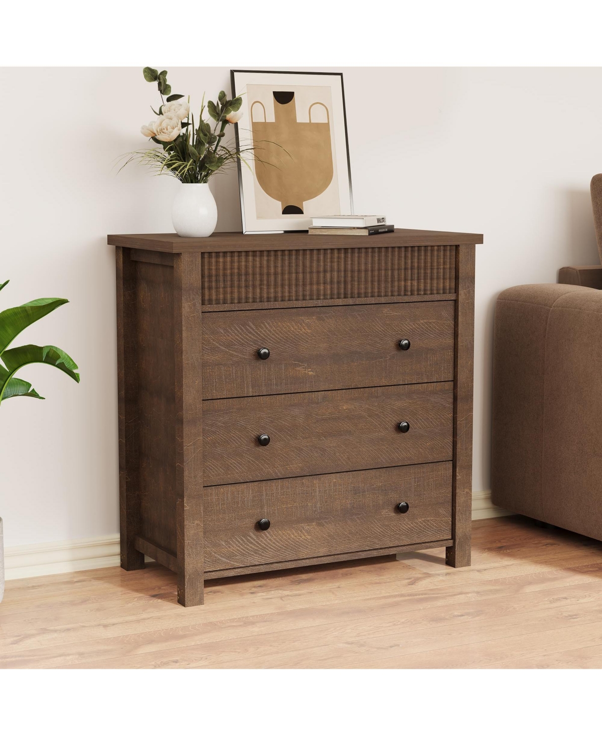homfan 3 Drawer Dresser for Bedroom Nightstand, Fluted Wooden Chest, Walnut End Table for Hallway Living Room