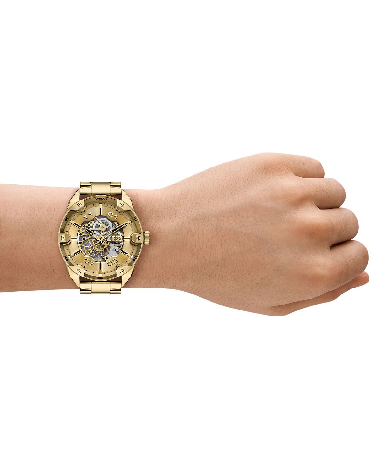 DIESEL 남성 스파이크 자동 3핸드 골드 스테인리스 스틸 시계 49mm
