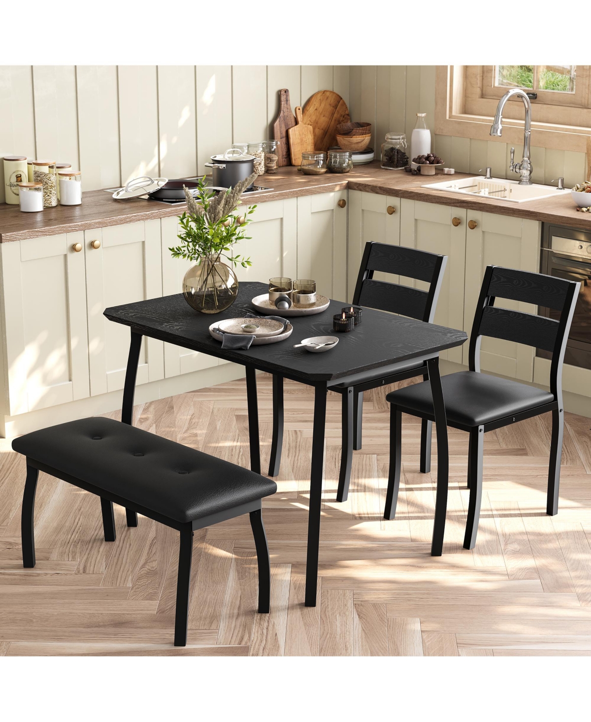 homfan Dining Table Set for 4 - Kitchen with Upholstered Bench and 2 Chairs Space-Saving Metal Frame Retro Room
