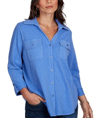 Petite Rib Trim Button-Front Knit Top