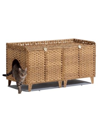 Rattan Cat Litter Box Enclosure for 2 Cats – Large Hidden Cat Litter Furniture with Doors, Mat and Hooks, Double Litter Box Cabinet