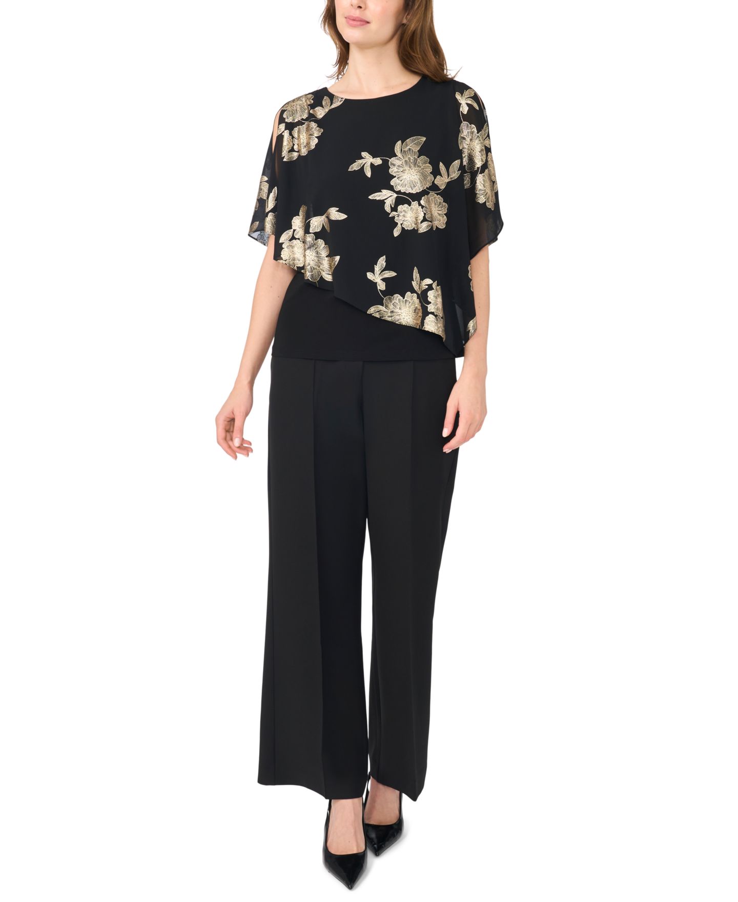 Женский топ MSK Foil Floral-Print Cold-Shoulder Cape-Sleeve Top, цвет: Чёрный — фото 2