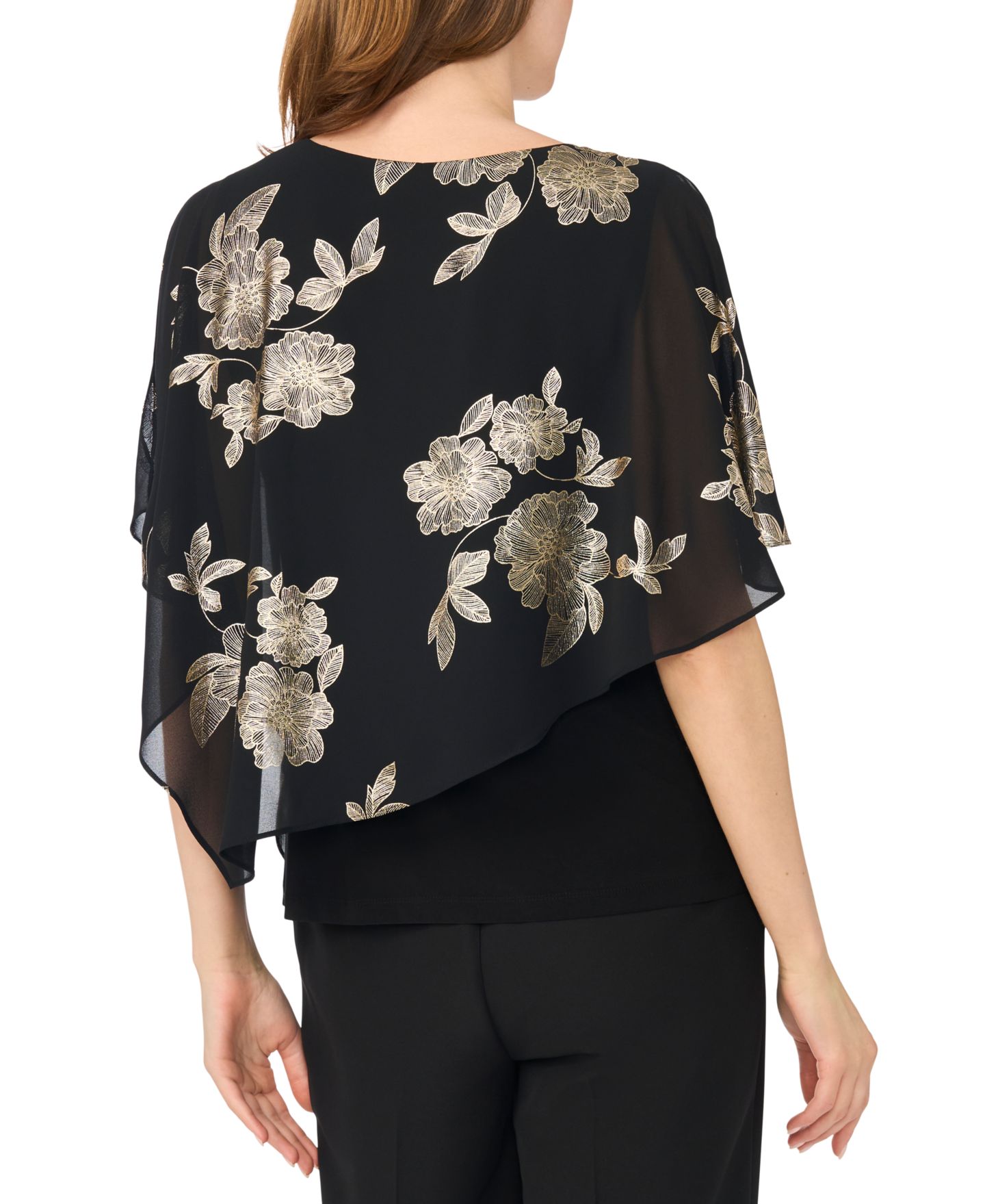 Женский топ MSK Foil Floral-Print Cold-Shoulder Cape-Sleeve Top, цвет: Чёрный — фото 4