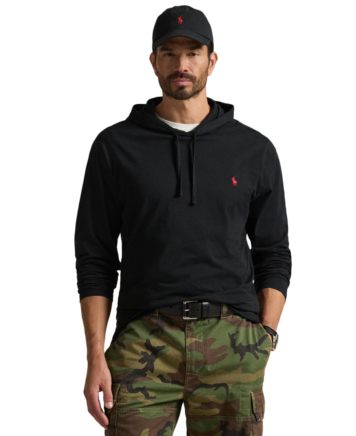 Big & Tall Men's Jersey Hooded Long-Sleeve T-Shirt - Polo Black - Size 1XLT