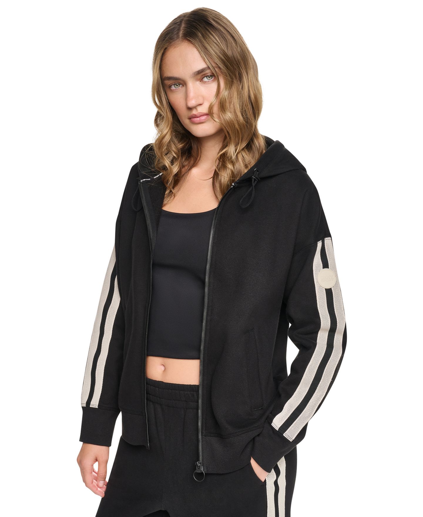 Женское худи DKNY Sport Textured Tape Full-Zip, цвет: Чёрный — фото 3