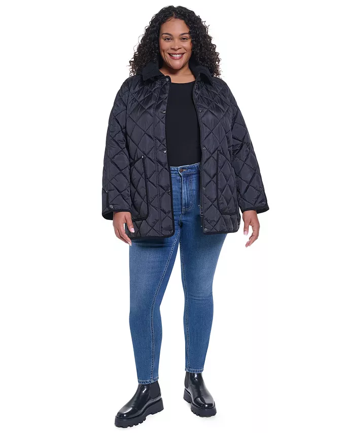 Plus Size Quilted Hooded Corduroy Collar Coat - thumbnail 8