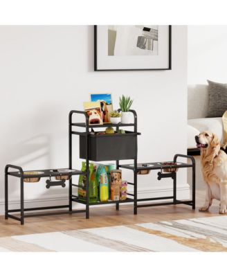 Height Adjustable Dog Bowl Stand with Two Feeding Stations and Toy Bin Basket