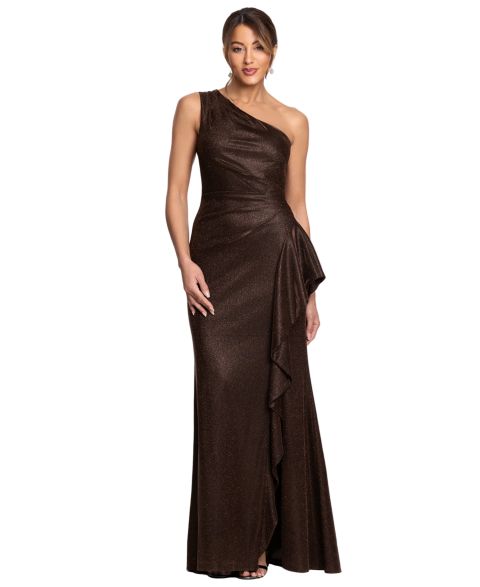 Женское платье XSCAPE One-Shoulder Glitter Long, цвет: Коричневый