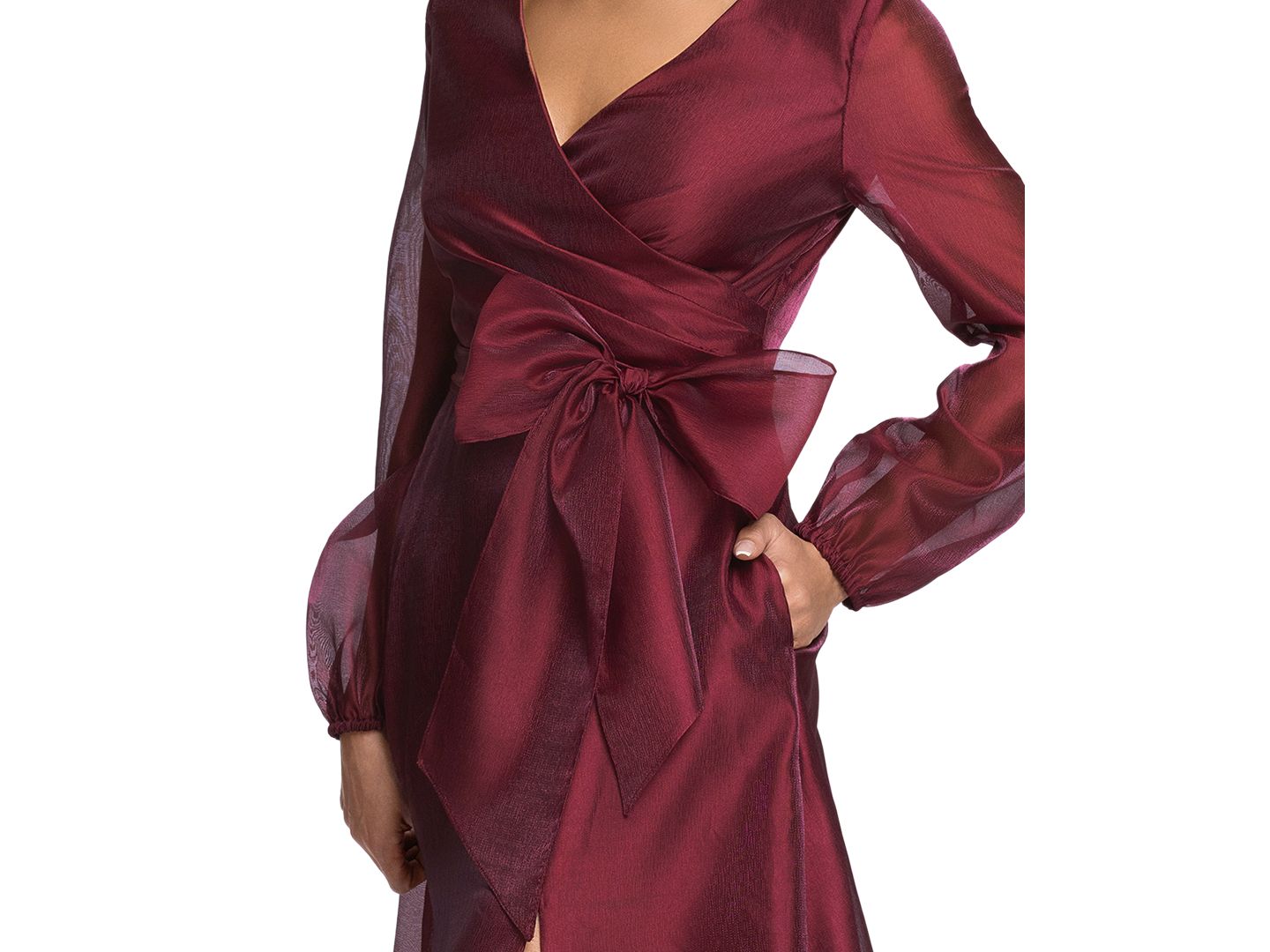 Женское платье XSCAPE V-Neck Long Sleeve Metallic Organza Gown, цвет: Винный — фото 4