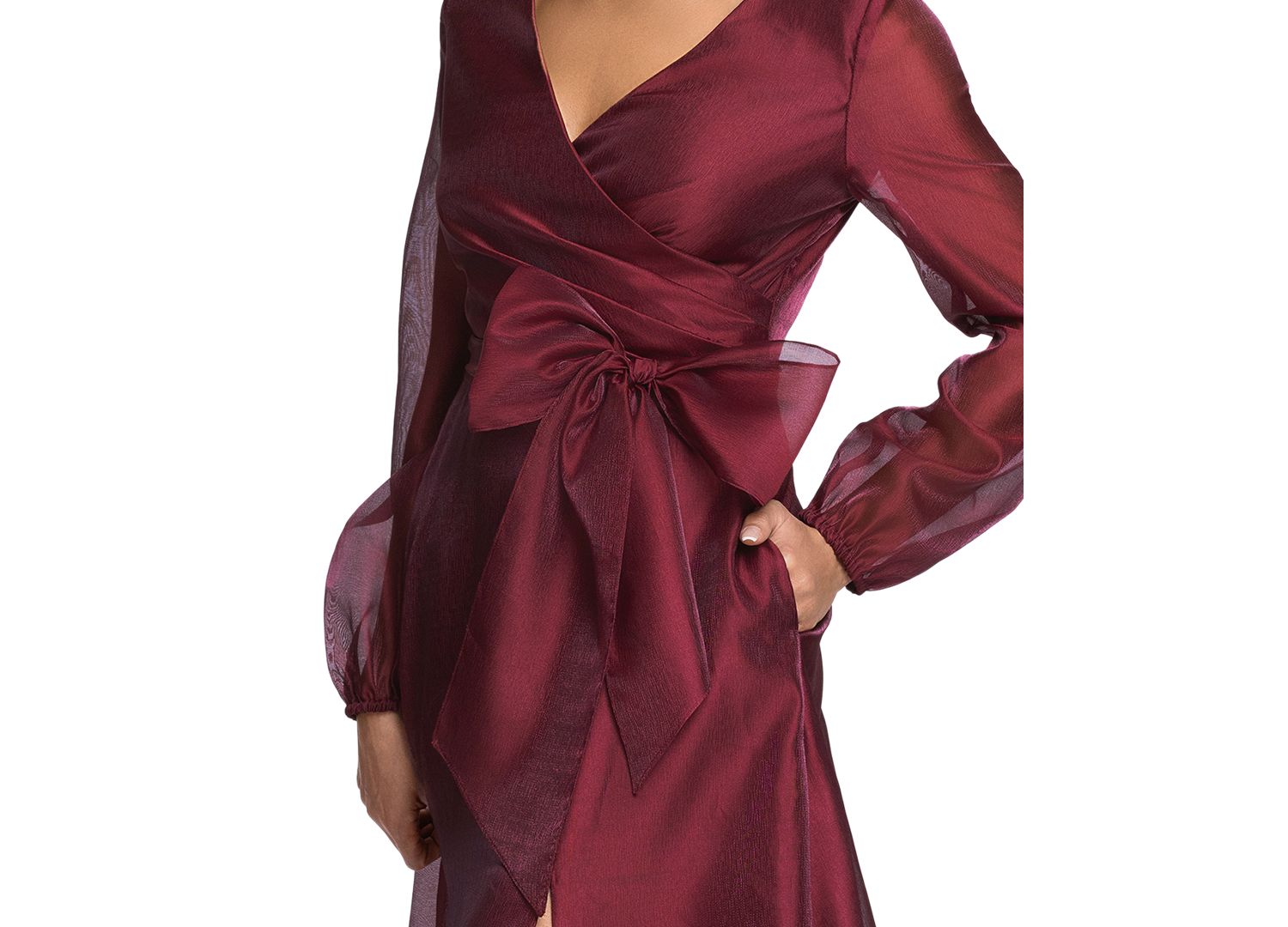Women's V-Neck Long Sleeve Metallic Organza Gown