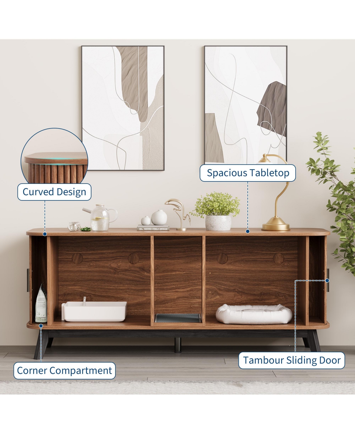 homfan Cat Litter Box Enclosure - 59" Large Hidden Furniture with Sliding Door Access, Ventilated Pet House