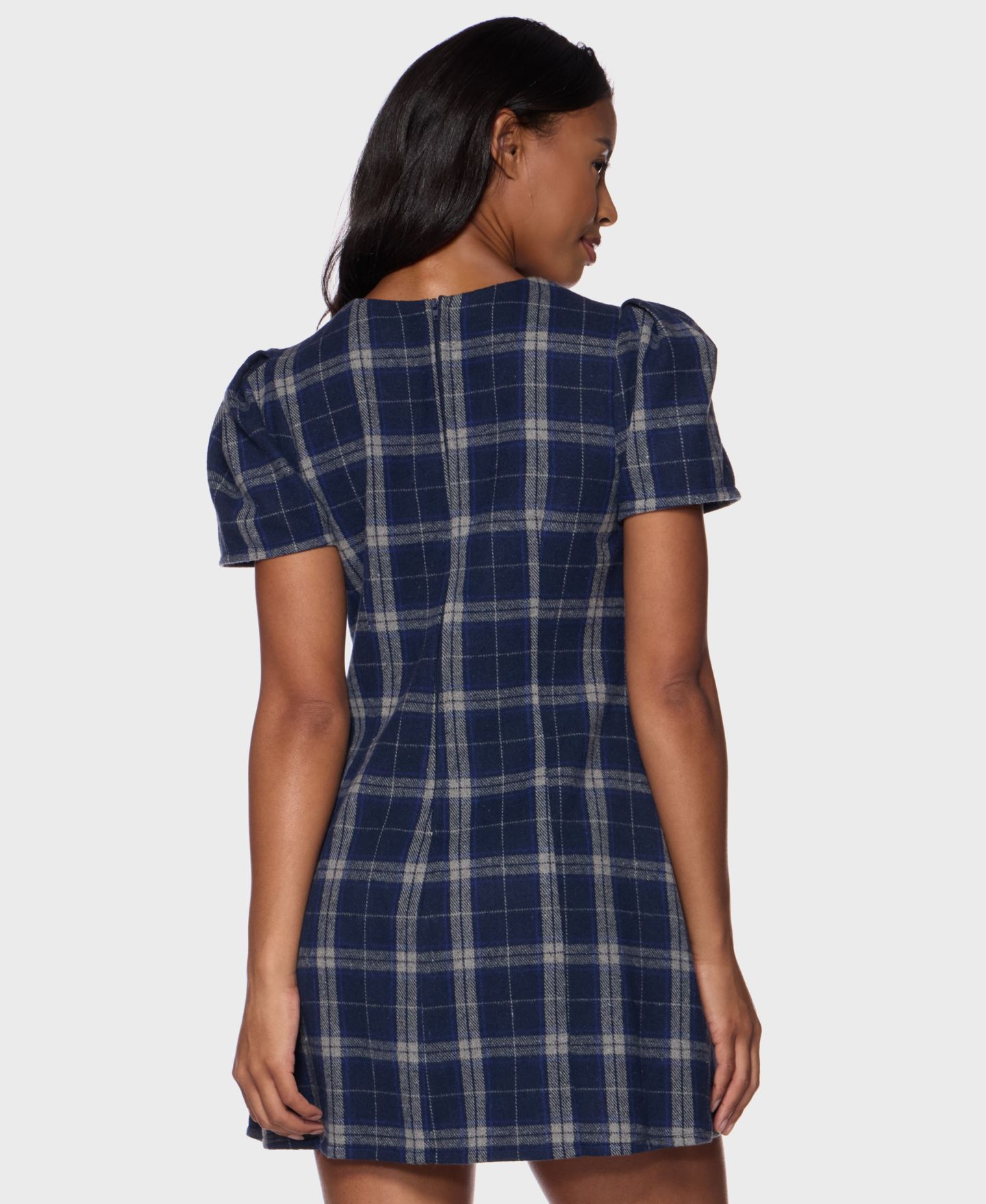 Женское платье Alex & Sophia Juniors' Plaid Puff-Sleeve Mini, цвет: Тёмно-синий / Кремовый — фото 6
