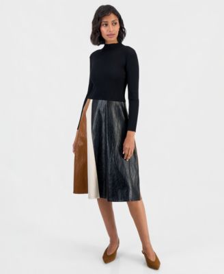Women's Long Sleeve Mockneck A-Line Midi Dress