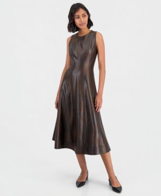 Women's Faux Leather Sleeveless A-Line Midi Dress