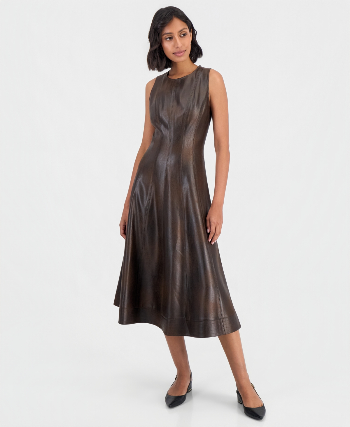 Robbie Bee Women's Faux Leather Sleeveless A-Line Midi Dress
