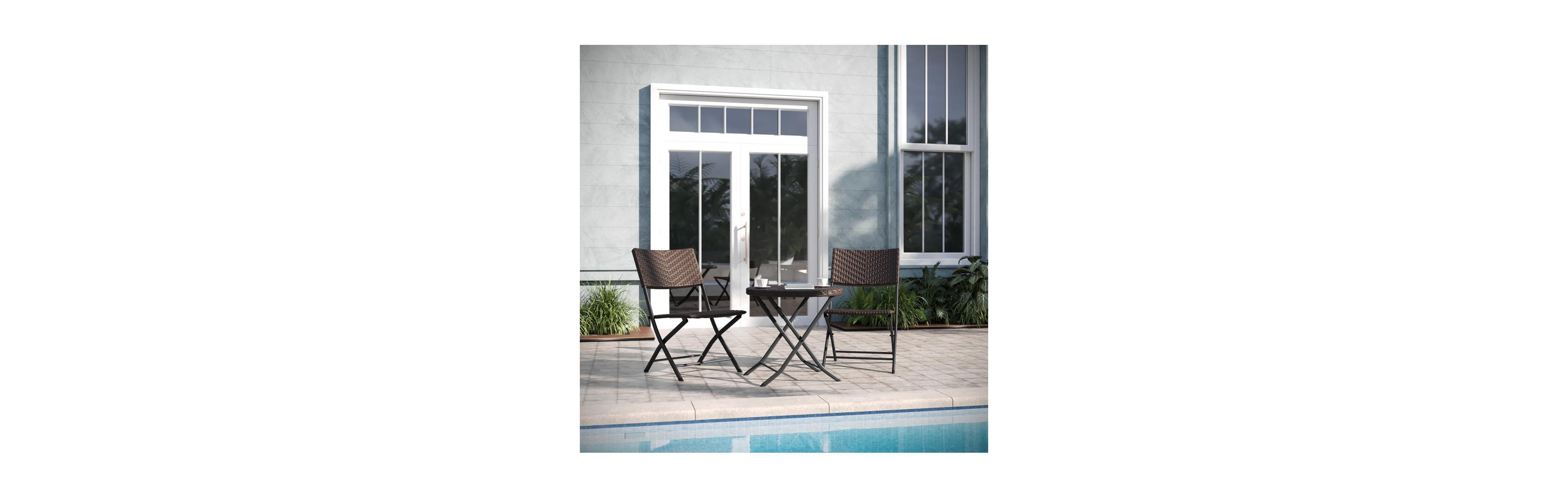 Emma+Oliver Ciel Three Piece Folding Bistro Set Pe Rattan with Metal Frames for Indoor and Outdoor Use