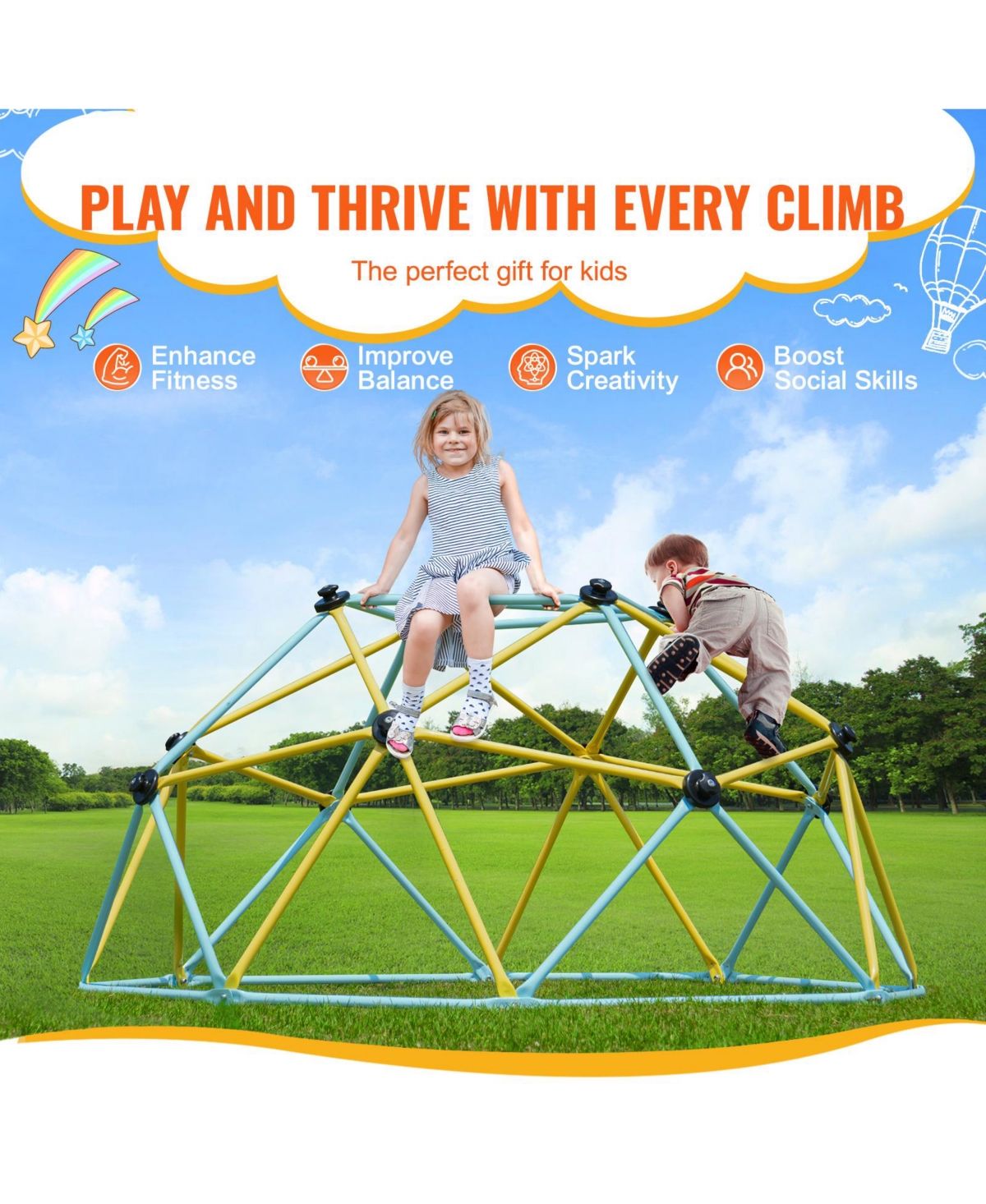 Vevor Climbing Dome 6FT Geometric Dome Climber Jungle Gym for Kids 3-9 Years