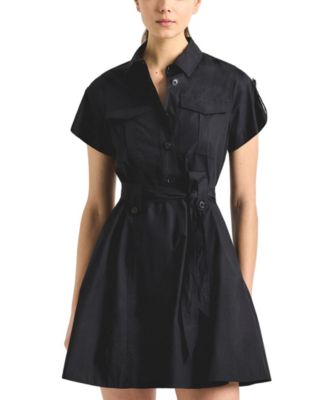 Women's Cap-Sleeve Collared Belted Cotton Shirt Dress