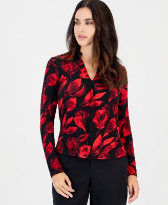 Petite Long-Sleeve Standing-Collar Floral-Print Blouse
