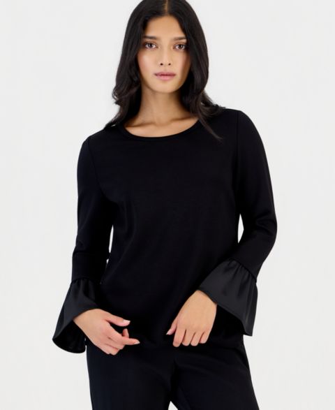 Женская блузка Anne Klein Essentials Petite Long-Sleeve Ruffle-Cuff, цвет: Чёрный