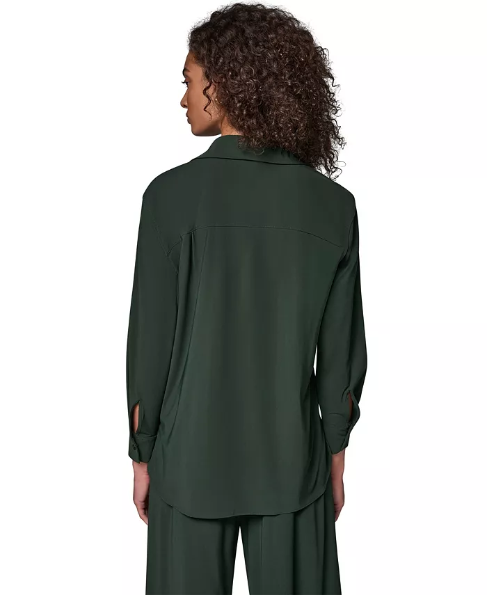 Women's Long-Sleeve Button-Front 4-Way Stretch-Knit Top - thumbnail 8